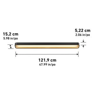 The Artika Alton 48 in. LED flush mount light 5 CCT is a rectangular wall light measuring 121.9 cm (47.99 in) wide, 15.2 cm (5.98 in) deep, and 5.22 cm (2.06 in) high, emitting a warm glow.