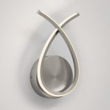 Modern wall sconce with a brushed metal base and two curved, intersecting LED light strips forming an elegant loop or teardrop shape against a plain white background.