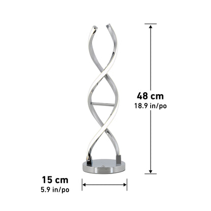 The Artika Swirl LED table lamp features a modern silver spiral design on a round base, measuring 48 cm (18.9 in) tall and 15 cm (5.9 in) wide, with measurement lines showing its dimensions.