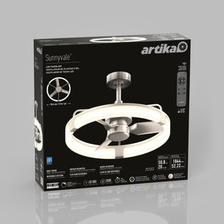 Box of the Artika Sunnyvale 23 in. LED modern ceiling fan with remote, showing product image and adjustable lighting on black background.
