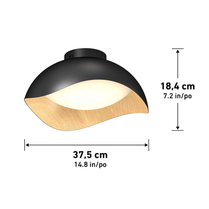 The Artika Adara 15 in. LED flush mount light 5 CCT features a modern black and wood finish, measuring 37.5 cm (14.8 in) wide by 18.4 cm (7.2 in) tall, shown with labeled measurement arrows.
