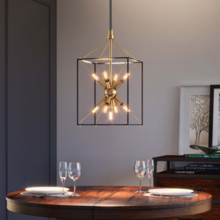 Artika’s Clyde 9-light pendant hangs above a round dining table set for two with plates and wine glasses.