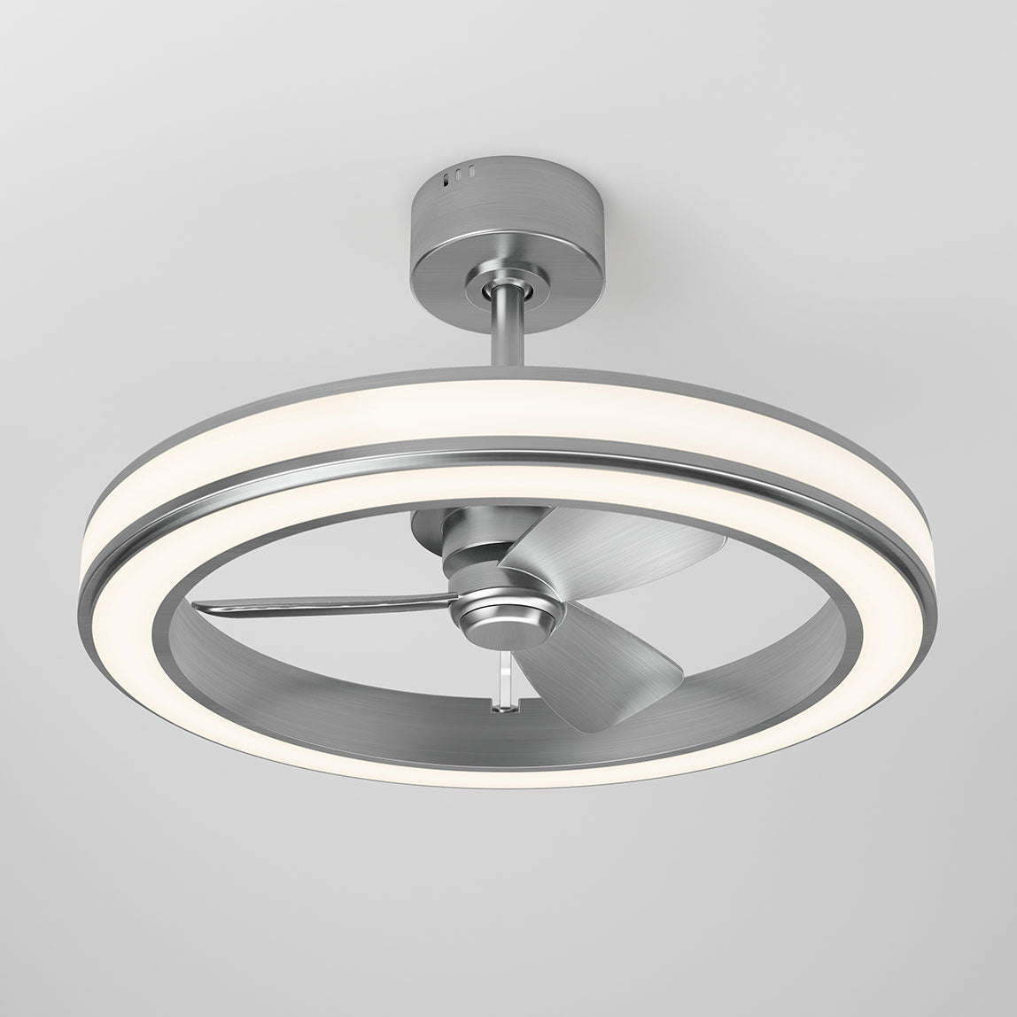 A modern ceiling fan with a circular LED light ring, metallic silver finish, and three blades, mounted on a white ceiling.