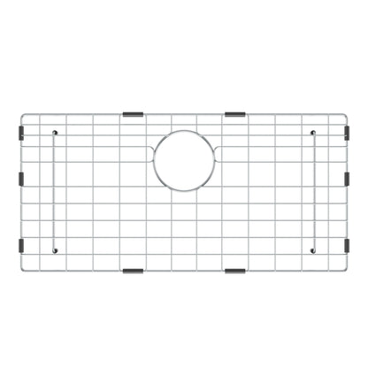 Artika Baycrest 33″ sink grid: rectangular, central round cutout, black edge feet. For Baycrest Single Bowl Kitchen Sink Black.