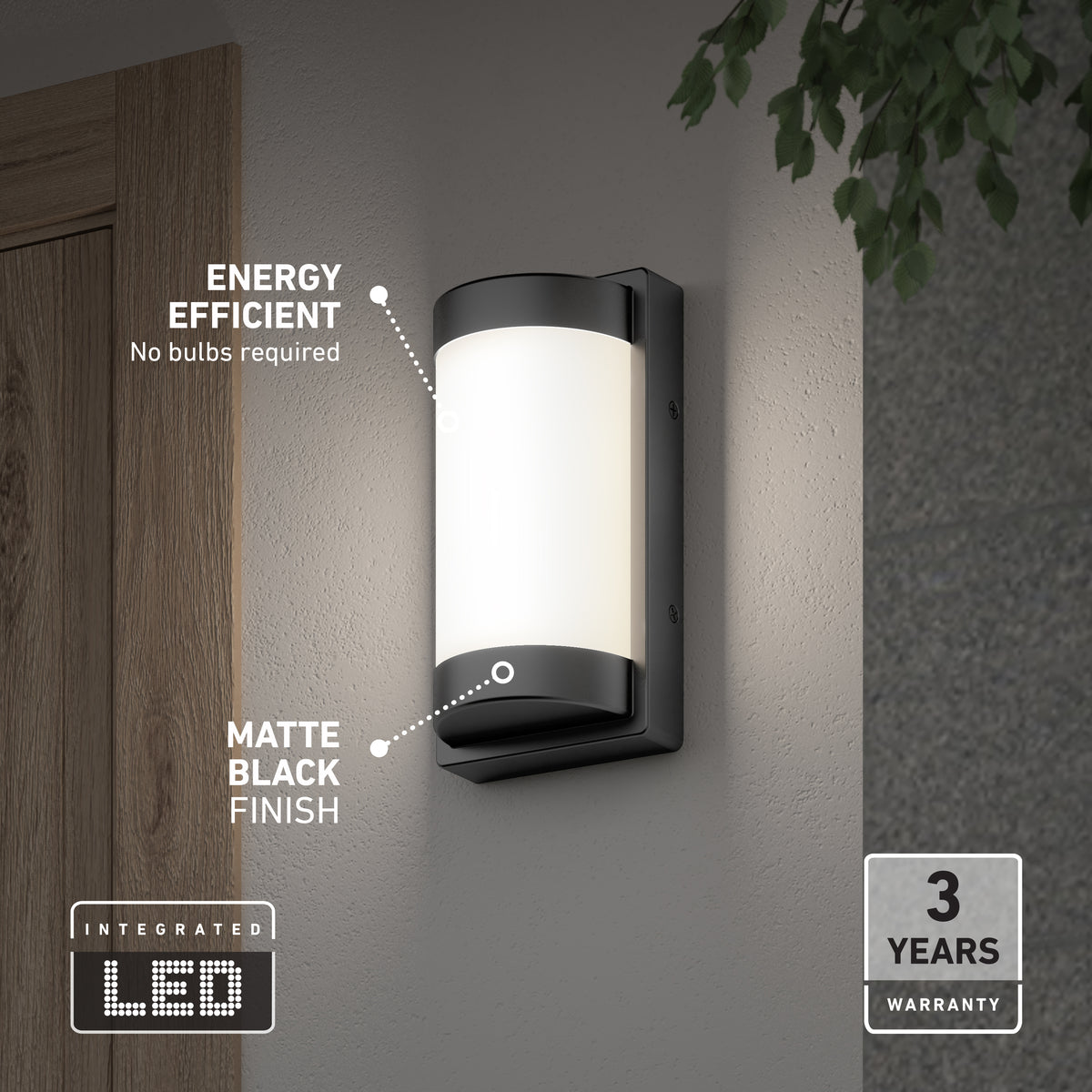 Modern LED outdoor wall light with a matte black finish mounted near a door; labeled as energy efficient (no bulbs required), features integrated LED, and comes with a 3-year warranty.