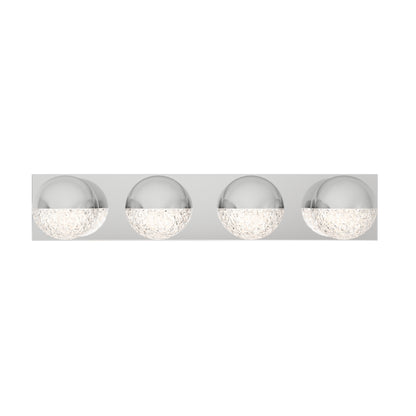 The Artika Carat LED bathroom vanity light features four round chrome and textured glass globe lights on a rectangular chrome base, shown against a white background.