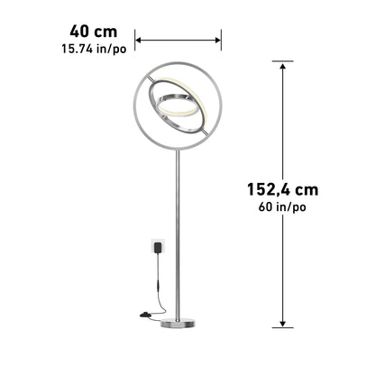 The Artika Pivot modern LED floor lamp 3 CCT features a circular LED design, measures 152.4 cm tall and 40 cm wide, plugs into a wall socket, and stands on a round base; measurements are indicated with arrows.