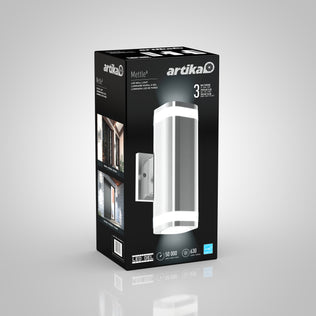 The Artika Mettle LED indoor-outdoor wall light, shown in black and silver with product specs and icons for Energy Star efficiency and brightness, includes images of the fixture installed outdoors.