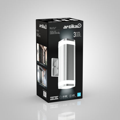 The Artika Mettle LED indoor-outdoor wall light, shown in black and silver with product specs and icons for Energy Star efficiency and brightness, includes images of the fixture installed outdoors.