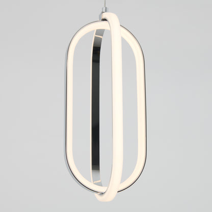 The Artika Arlo 1-light LED pendant features two intersecting oval-shaped LED rings, suspended elegantly against a light gray background.