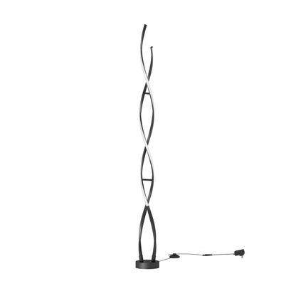 The Artika Swirl modern LED floor lamp features a twisted double-helix design in black and white on a round base, with an attached power cord and foot switch visible on the right.