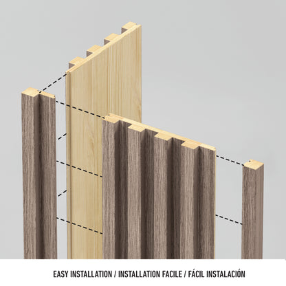 An illustration shows how Artika’s Panolok 30.67 ft wall panel kit (pack of 8) assembles, with slotted boards fitting together. Text: EASY INSTALLATION / INSTALLATION FACILE / FÁCIL INSTALACIÓN.