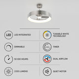 A modern ceiling fan with a light is shown above six feature icons: LED integrated, tunable white technology, dimmable, timer, 50,000 hours lifespan, dual airflow, 2200 lumens, and quiet motor.