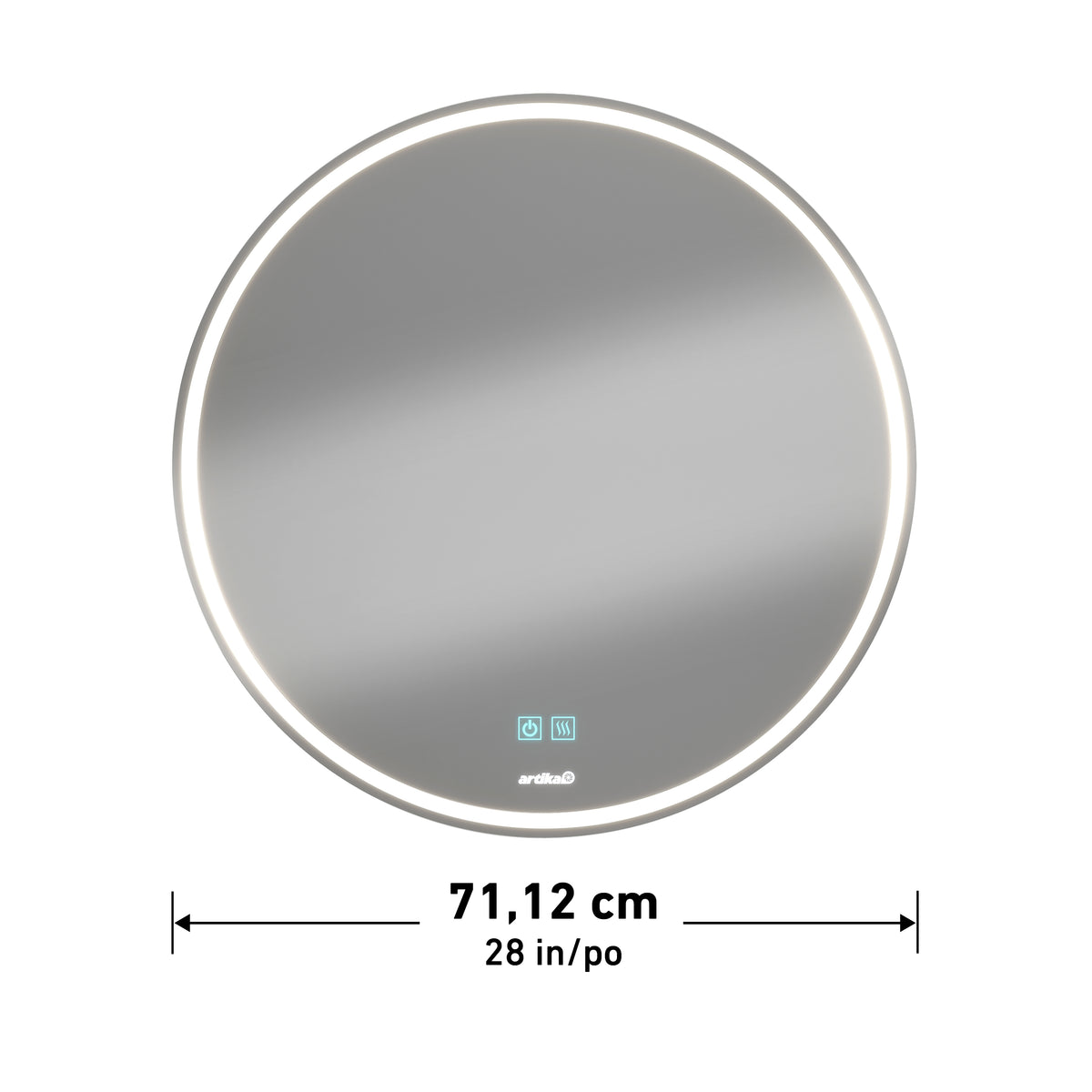 A round wall mirror with a built-in LED light ring, digital touch controls, and a diameter of 71.12 cm (28 inches) displayed below the mirror.