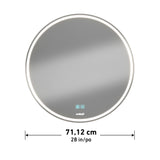 A round wall mirror with a built-in LED light ring, digital touch controls, and a diameter of 71.12 cm (28 inches) displayed below the mirror.
