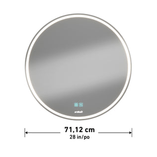The Artika Mateo 28 in. LED mirror features a round design, touch controls, illuminated LED border, and a built-in defogger. Diameter: 71.12 cm (28 inches).