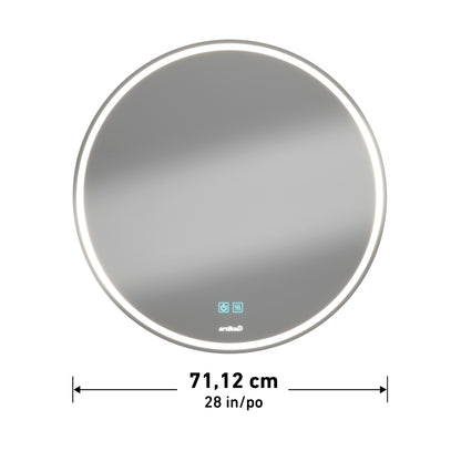 The Artika Mateo 28 in. LED mirror features a round design, touch controls, illuminated LED border, and a built-in defogger. Diameter: 71.12 cm (28 inches).