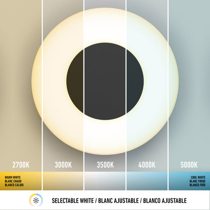 Artikas Ludwig modern LED indoor-outdoor wall light 5CCT, shown from below, is divided into five labeled sections illustrating its selectable color temperatures: 2700K (warm white), 3000K, 3500K, 4000K, and 5000K (cool white).