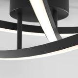 Close-up of a modern ceiling light fixture with curved, black metal arms and integrated white LED strips, set against a plain white background.