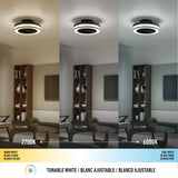 A modern ceiling light shown in three settings: warm white (2700K) on the left, neutral in the center, and cool white (6000K) on the right, above a living room with a bookshelf, TV, and coffee table.