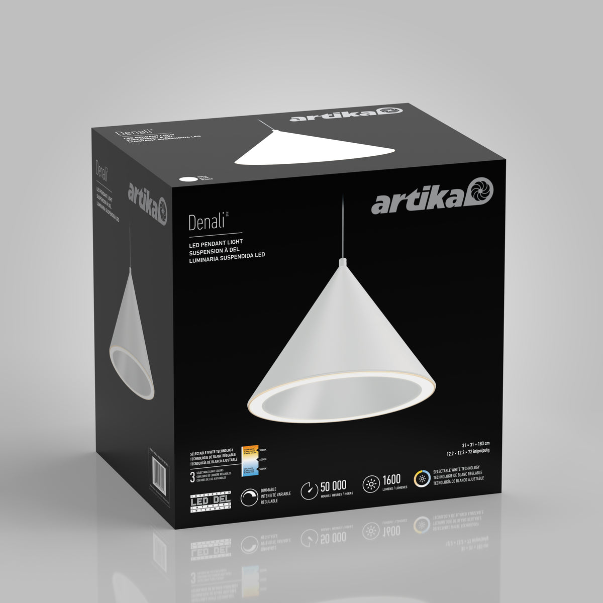 A black box features Artika’s Denali modern LED pendant light 3 CCT with adjustable color and a white lamp image.