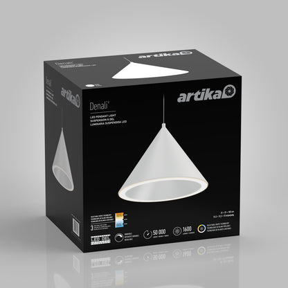 A black box features Artika’s Denali modern LED pendant light 3 CCT with adjustable color and a white lamp image.