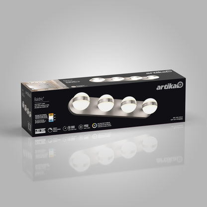 A rectangular box for the Artika Baldric LED modern bathroom vanity light 3 CCT, showing the fixture with four round lights on a chrome base, plus features and specs on a black background.