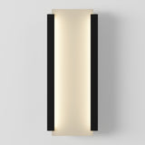 A modern wall sconce with a rectangular design, featuring a glowing central panel bordered by two black vertical strips on each side, mounted on a plain white wall.