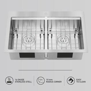 Top view of the Artika Newport double bowl stainless steel sink with grates; icons below highlight its 16-gauge steel, 10 mm radius corners, and easy-to-clean design.