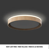 A modern, round ceiling light with a wood finish frame emits a soft, warm glow. The image background is dark gray, and a white caption below reads: Night Light Mode / Mode Veilleuse / Modo de Luz Nocturna.