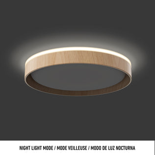 The Artika Callisto 15 in. LED flush mount light features a wooden frame and soft glow, shown against a dark background. Text below reads: Night Light Mode / Mode Veilleuse / Modo de Luz Nocturna.