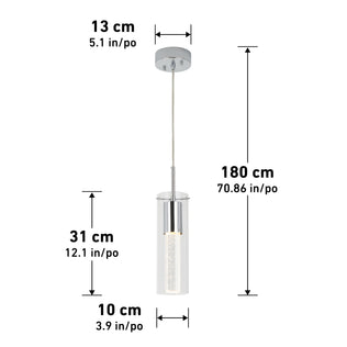 The Artika Bubble Flow 1-light pendant 2 features a cylindrical glass shade with a canopy diameter of 13 cm (5.1 in), shade height of 31 cm (12.2 in), shade diameter of 10 cm (3.9 in), and max height of 180 cm (70.86 in).