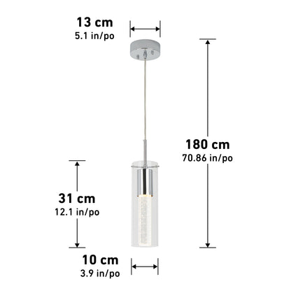 The Artika Bubble Flow 1-light pendant 2 features a cylindrical glass shade with a canopy diameter of 13 cm (5.1 in), shade height of 31 cm (12.2 in), shade diameter of 10 cm (3.9 in), and max height of 180 cm (70.86 in).