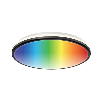 The Artika Macy 15 in. LED modern flush mount light features a white frame and a gradient RGB surface with colors from blue to red, shown from below on a white background. Compatible with Wifi for smart lighting control.
