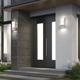 Modern house entrance with a dark front door featuring vertical frosted glass panels, concrete steps, and rectangular wall-mounted porch lights on either side of the door. Some greenery is visible near the steps.