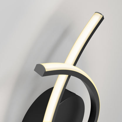 The Artika Gamma modern LED wall sconce 5 CCT features two curved, intersecting illuminated bars and a black circular base, offering adjustable color temperatures and casting a soft glow on any light-colored wall.