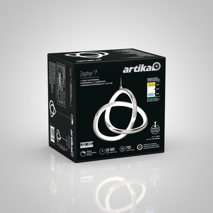 A black box package for the Artika Zephyr LED pendant showcases an image of the modern looped fixture and key details: 50,000-hour lifespan, 28W power consumption, and 700 lumens brightness.