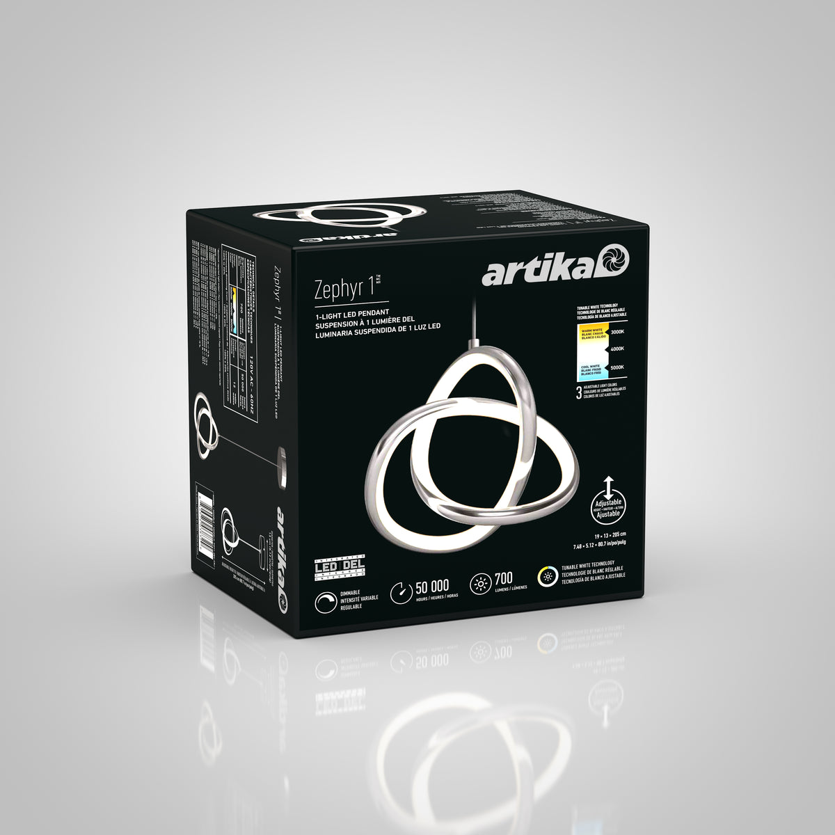 A black Artika Zephyr 1 box featuring an image of a modern, looped LED pendant light. The packaging highlights product features like 50,000 hours lifespan, 700 lumens, and a 3-year warranty.