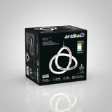 A black Artika Zephyr 1 box featuring an image of a modern, looped LED pendant light. The packaging highlights product features like 50,000 hours lifespan, 700 lumens, and a 3-year warranty.