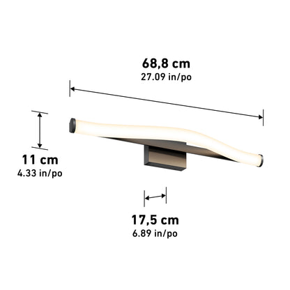 The Artika Arc modern LED bathroom vanity light 5 CCT is a wall-mounted fixture with a curved design, measuring 68.8 cm wide, 17.5 cm deep, and 11 cm high.