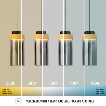 The Artika Hanson 4-light LED pendant features selectable white lighting, with four pendants shown side by side under different color temperatures from warm white (2700K) to cool white (5000K).