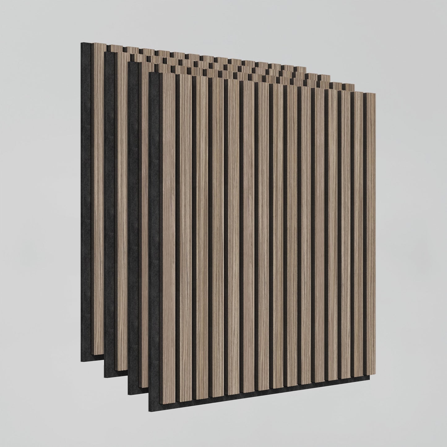 The Artika-CAN-dev Sonolok 15.5 ft sound-absorbing wall panel kit features four stacked panels with vertical slats in alternating light and dark brown tones, displayed against a plain light gray background.