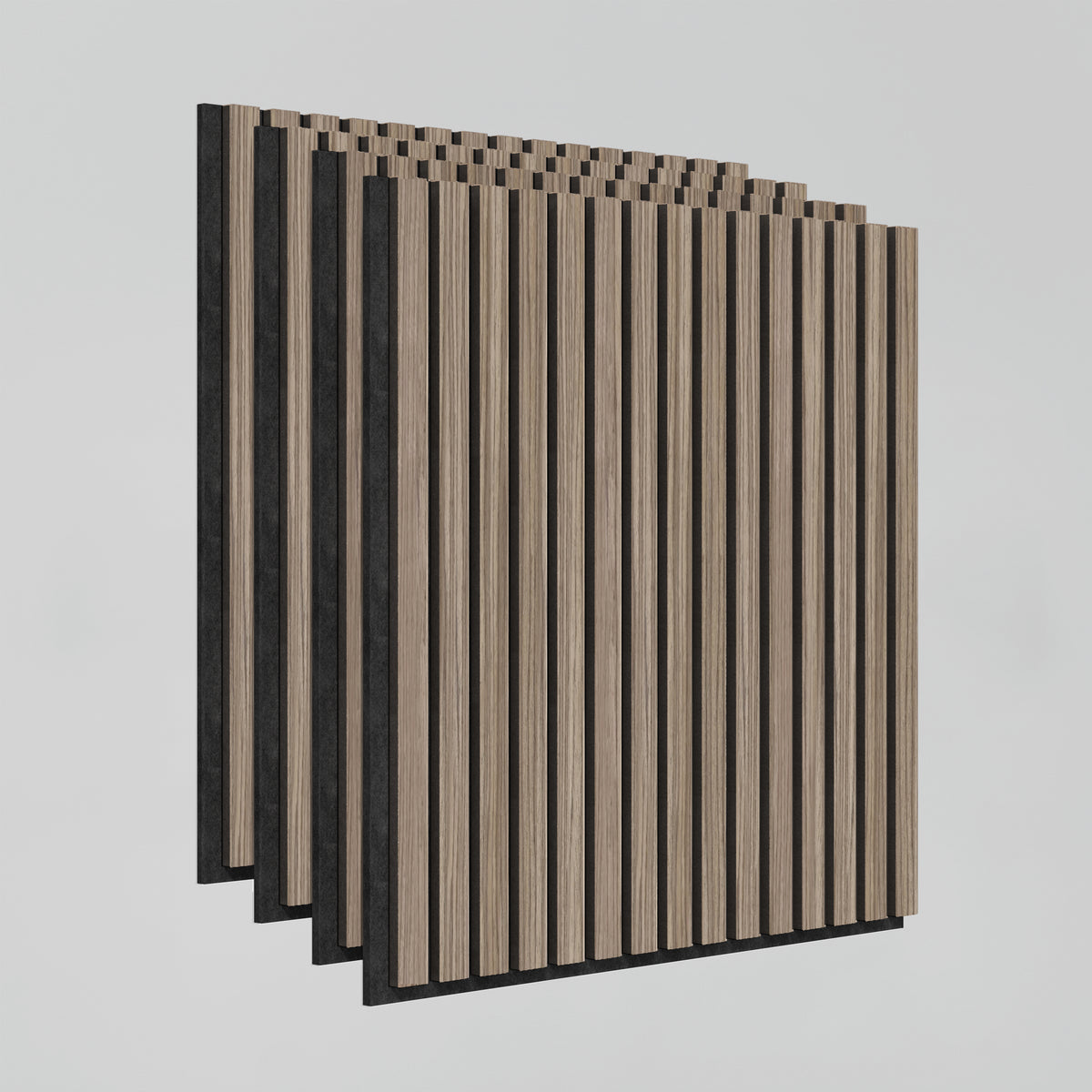 Four acoustic wall panels with vertical wooden slats in a light wood tone and black backing arranged in a staggered row against a plain light gray background.