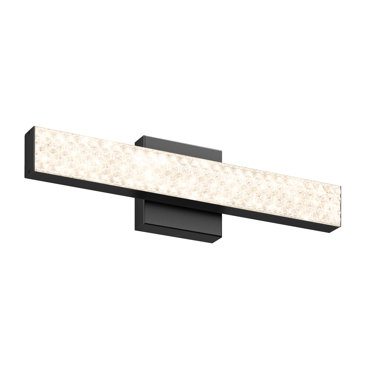 A modern rectangular LED wall sconce with a black base and a textured, illuminated front panel, mounted on a white background.