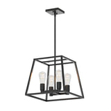 A modern pendant light fixture with a black metal geometric frame, featuring four exposed light bulbs arranged in a square pattern. The fixture hangs from a straight rod attached to a ceiling mount.