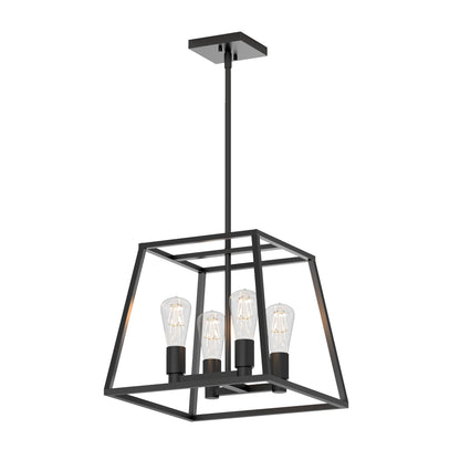 The Carter Square 4-light Chandelier by Artika features a black metal geometric frame with four exposed bulbs, suspended from the ceiling by a straight rod.