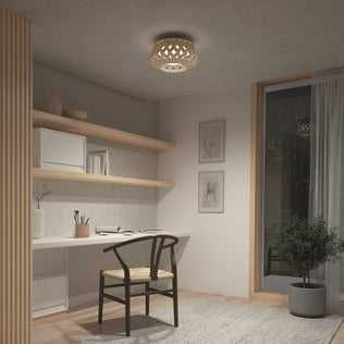A modern home office with a minimalist desk, black chair, open shelves, framed art, large curtained window, potted plant, and the Artika Kiran 13 in. modern LED flush mount light (5 CCT) illuminating the space.