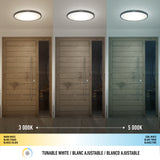 Comparison of a doorway lit by three ceiling lights, showing different color temperatures: warm white (3000K) on the left, neutral in the center, and cool white (5000K) on the right; text labels show Tunable White.