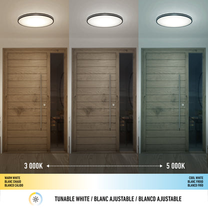 A comparison of three doorways lit by the Artika Athos 21 in. LED flush mount light (with remote): left shows warm white (3000K), center is neutral, and right displays cool white (5000K). A temperature scale and Tunable White label are visible below.