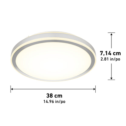 The Artika Altitude 15 in. LED modern flush mount light features a white diffuser, silver trim, and adjustable color temperature. Dimensions: 38 cm (14.96 in) wide, 7.14 cm (2.81 in) high.